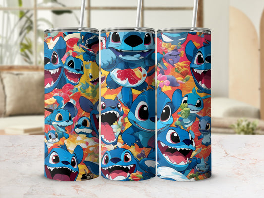 Three tumblers with Stitch characters in various playful poses and expressions.