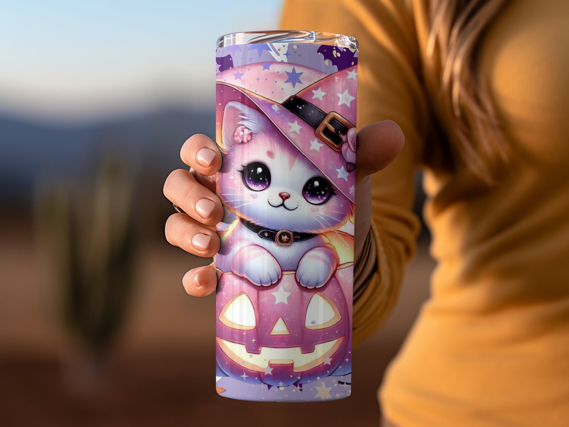 Cute Halloween Cat Tumbler with Witch Hat Design Cup