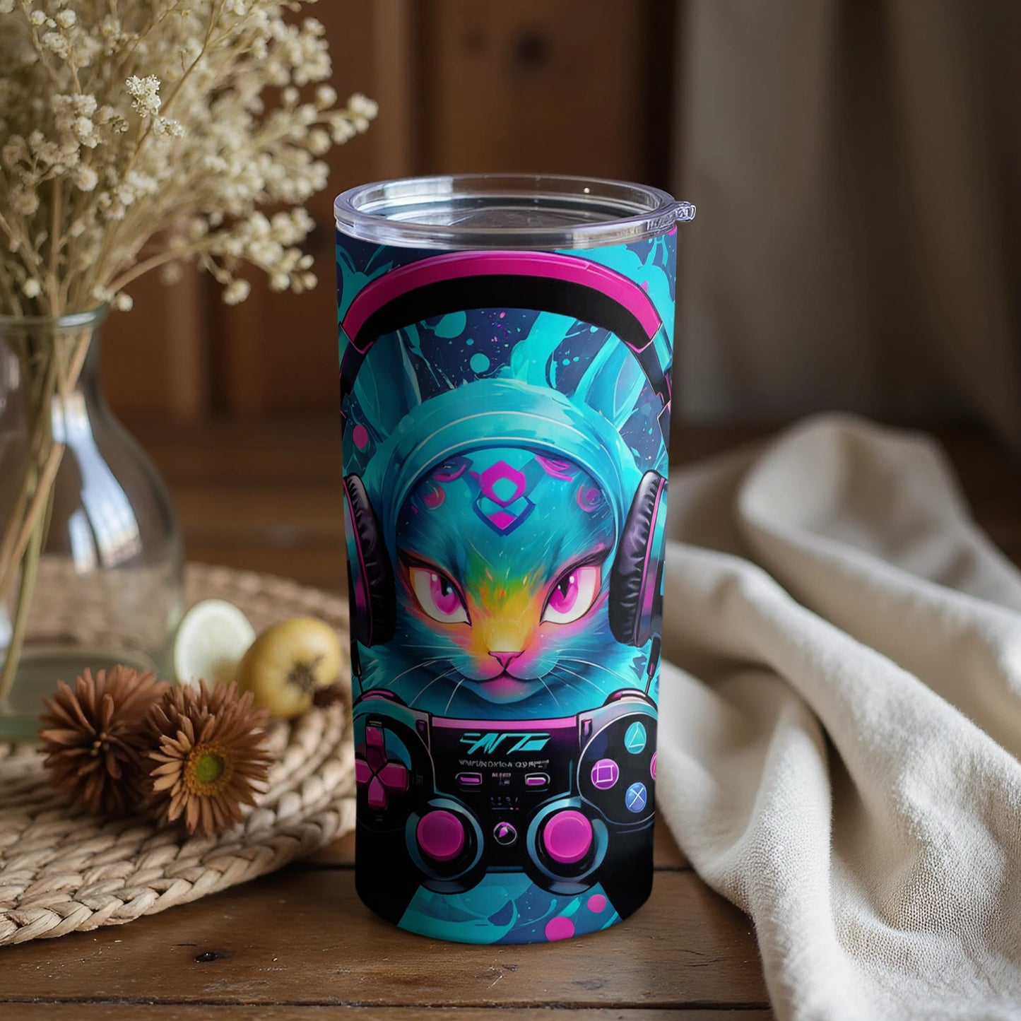 Vibrant Neon Cat Design Insulated Drink Tumbler
