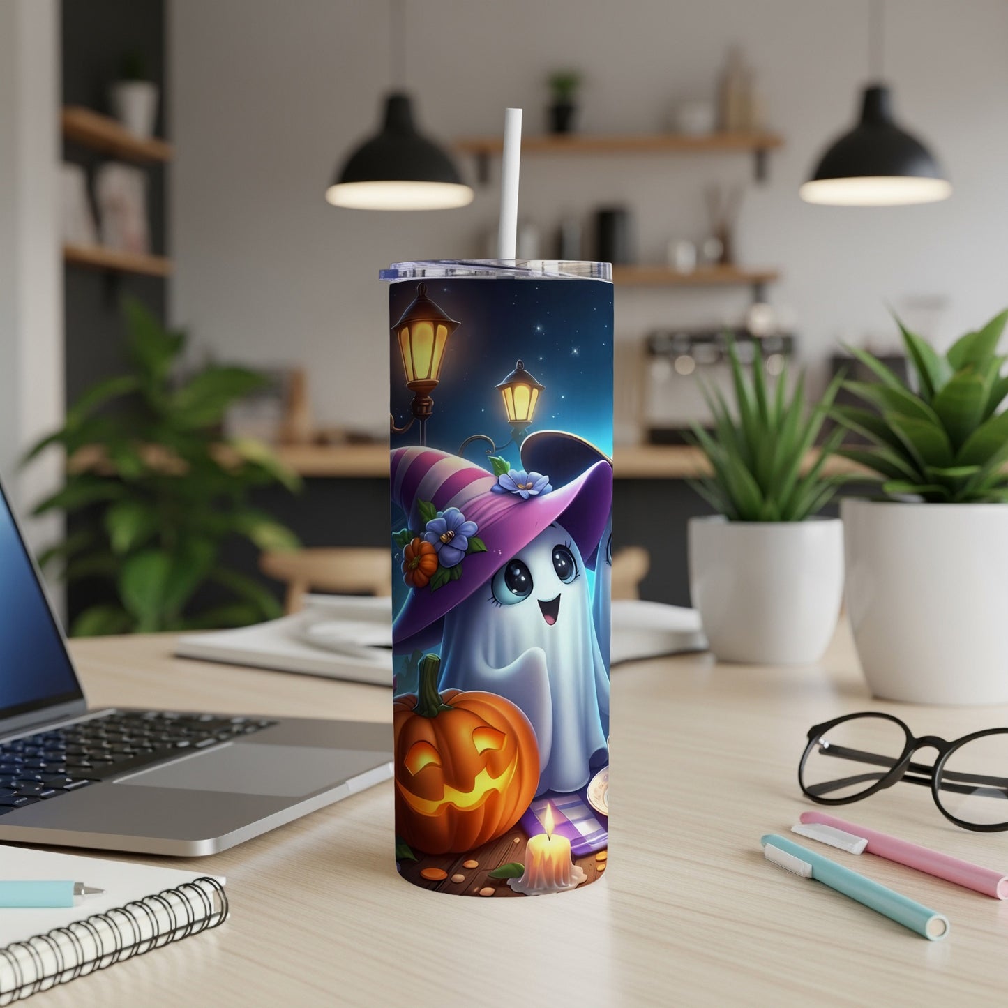 Halloween tumbler with a cute ghost wearing a witch hat and pumpkin.
