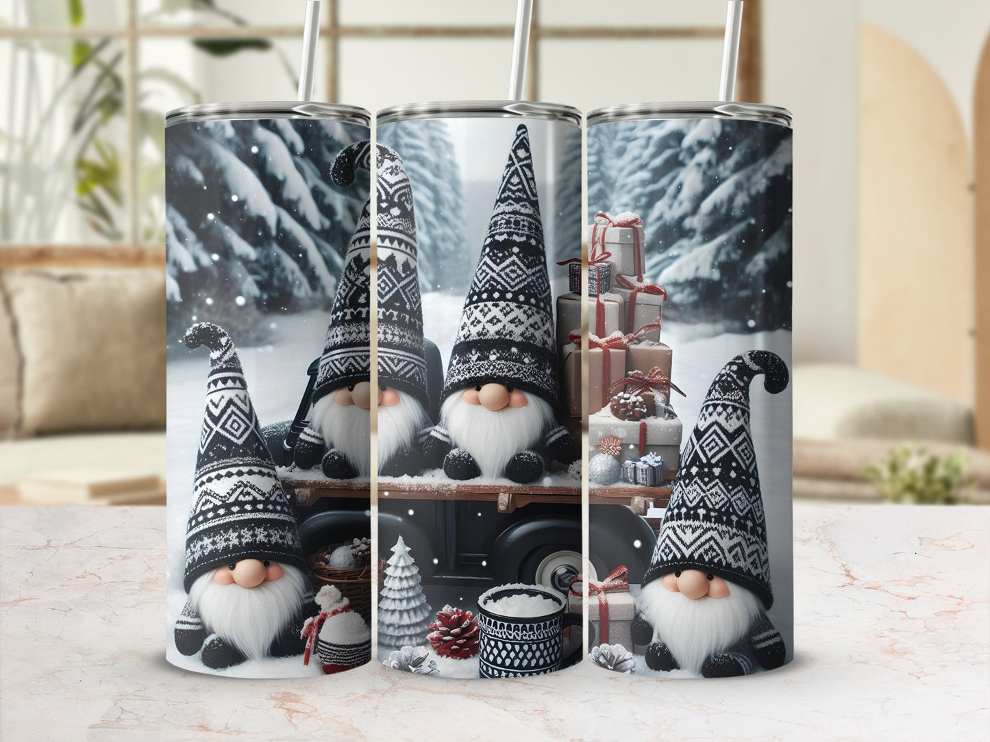 Three gnomes in patterned hats with gifts and Christmas trees in a snowy forest.