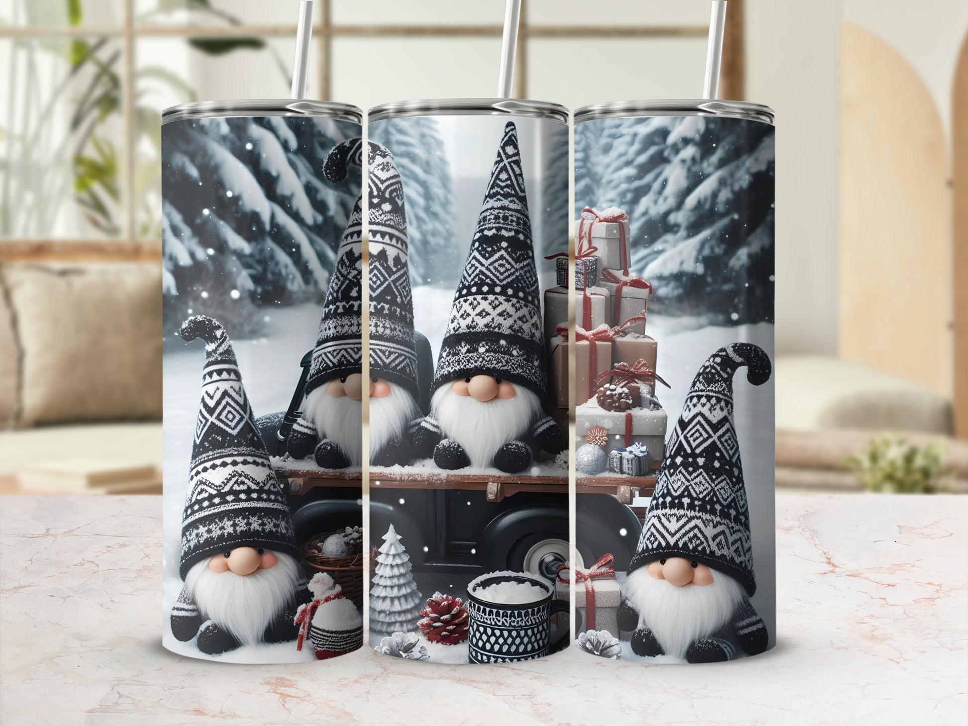 Three gnomes in patterned hats with gifts and Christmas trees in a snowy forest.