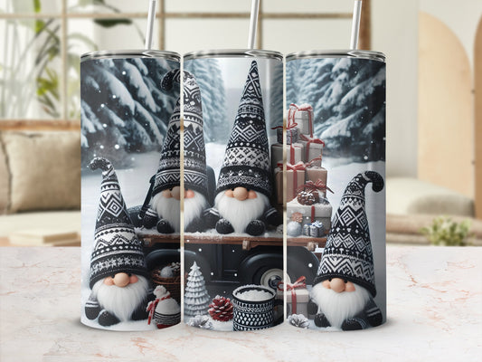 Three gnomes in patterned hats with gifts and Christmas trees in a snowy forest.