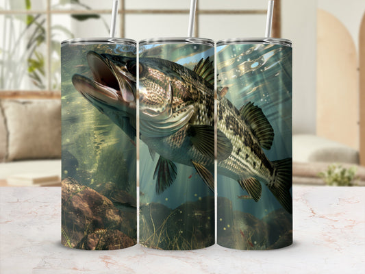 Largemouth bass swimming underwater with sunlight filtering through the water.