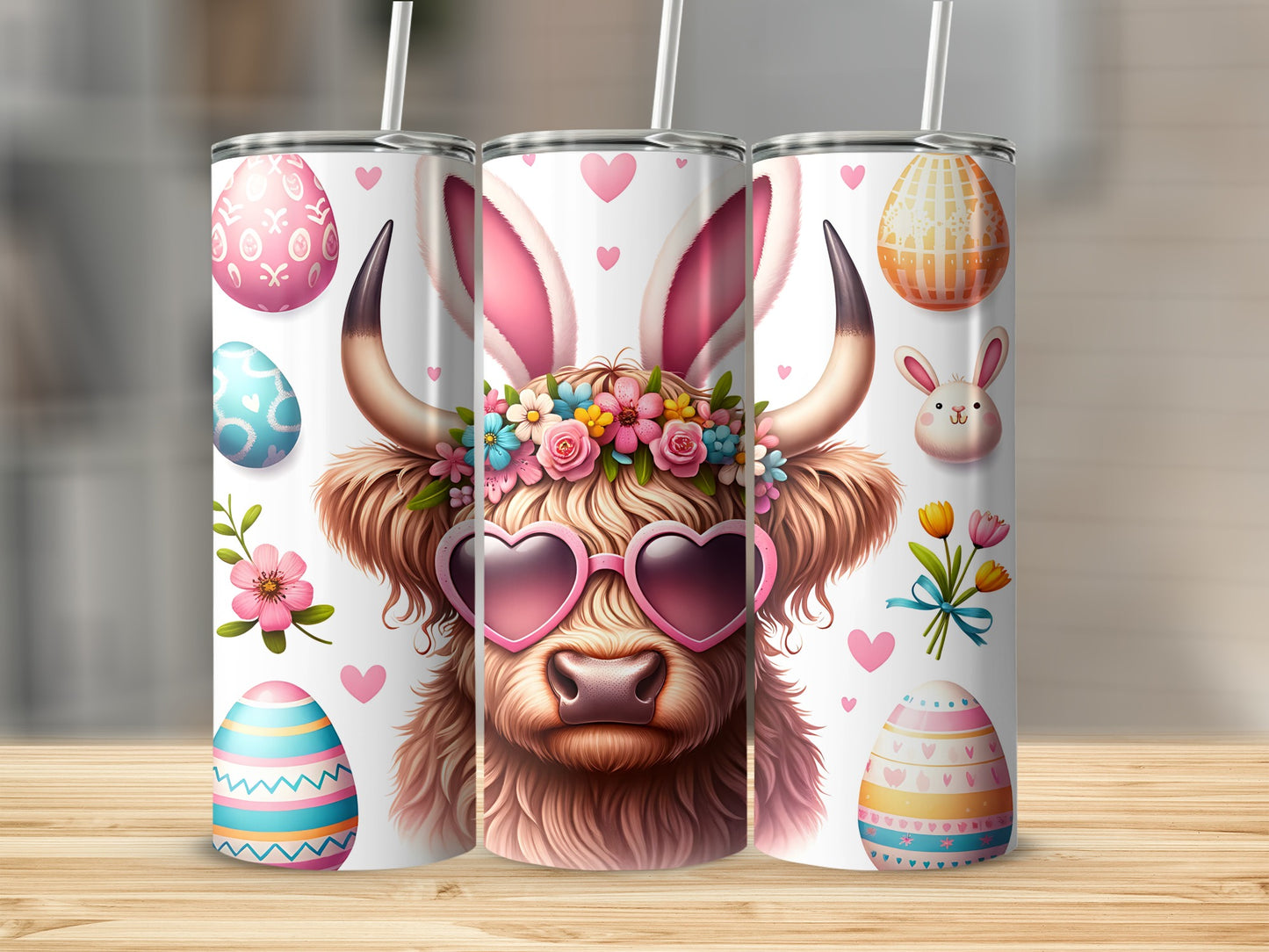 Easter highland cow with bunny ears and heart sunglasses on tumblers.