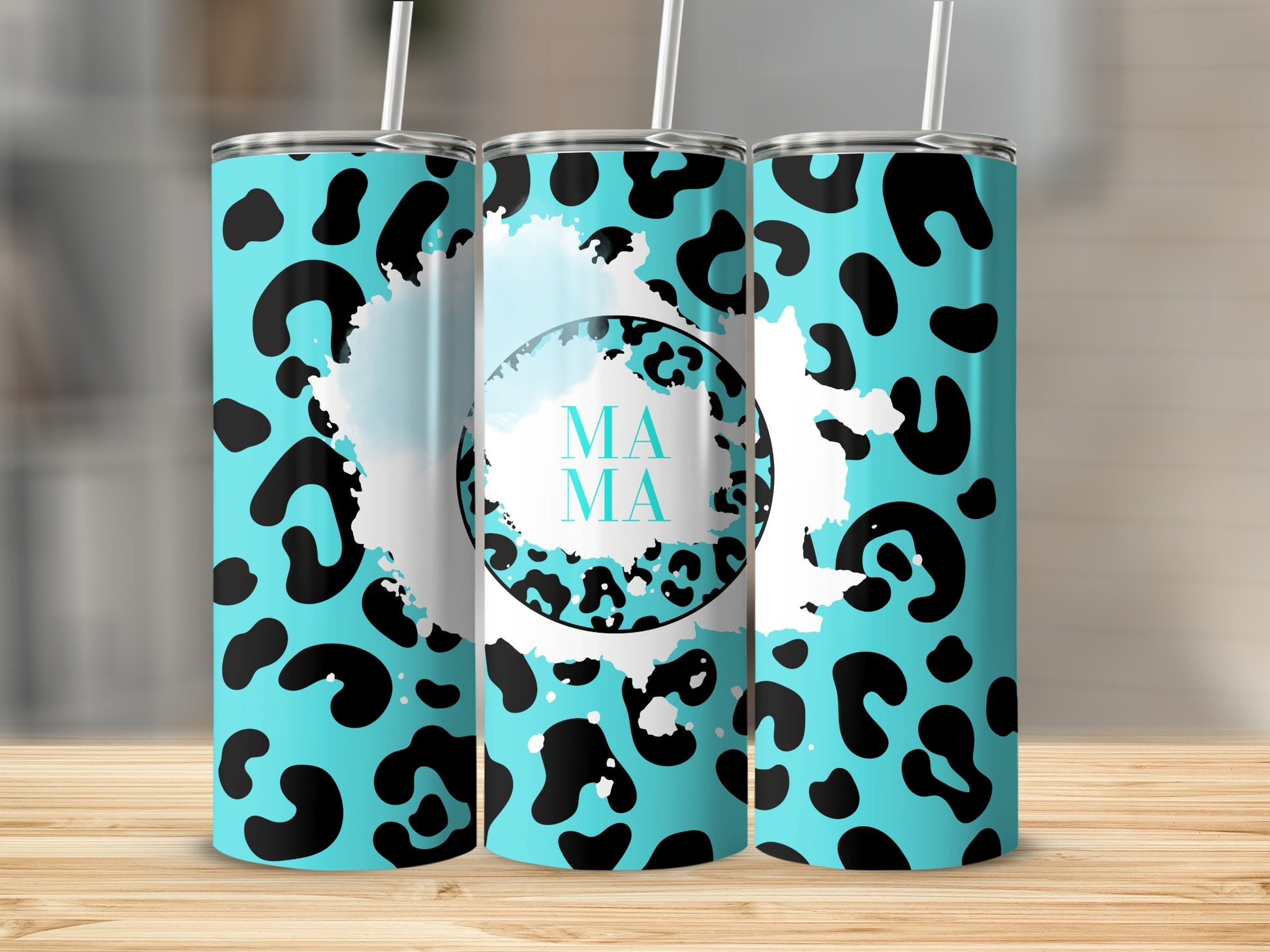 Blue Leopard Print Tumbler with MAMA Text Design