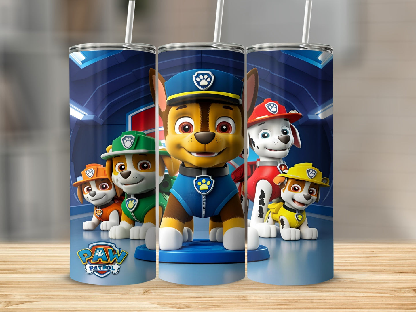 Paw Patrol characters Chase, Marshall, and Rubble on a tumbler.