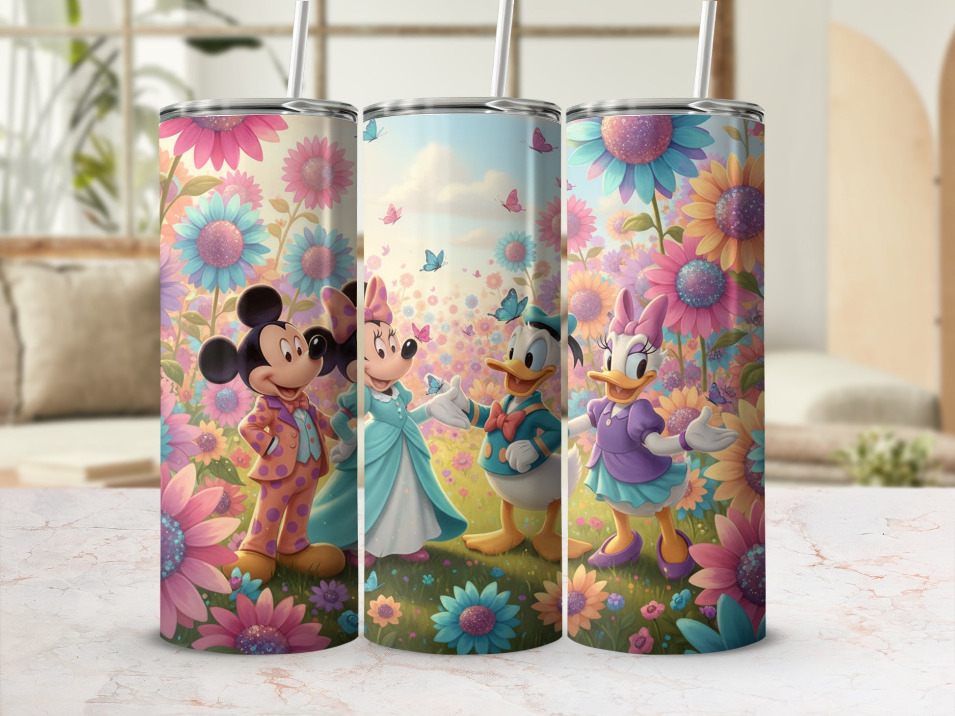 Colorful Floral Disney Character Tumblers for Kids