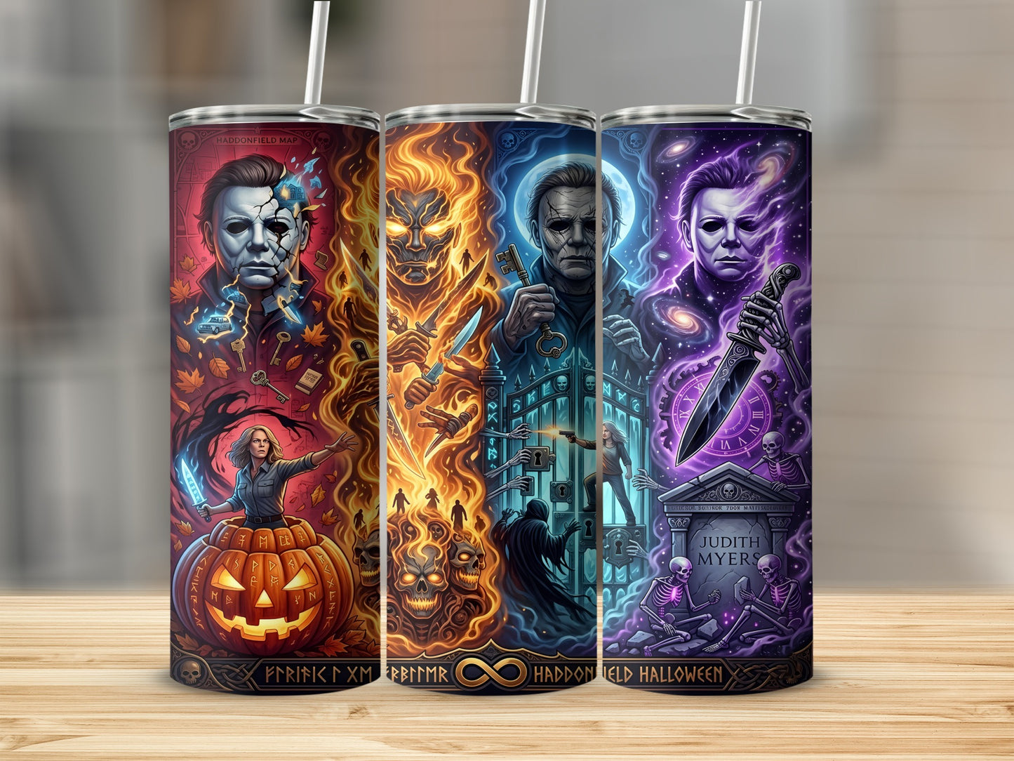 Three Halloween-themed tumblers featuring Michael Myers, Laurie Strode, and spooky imagery.