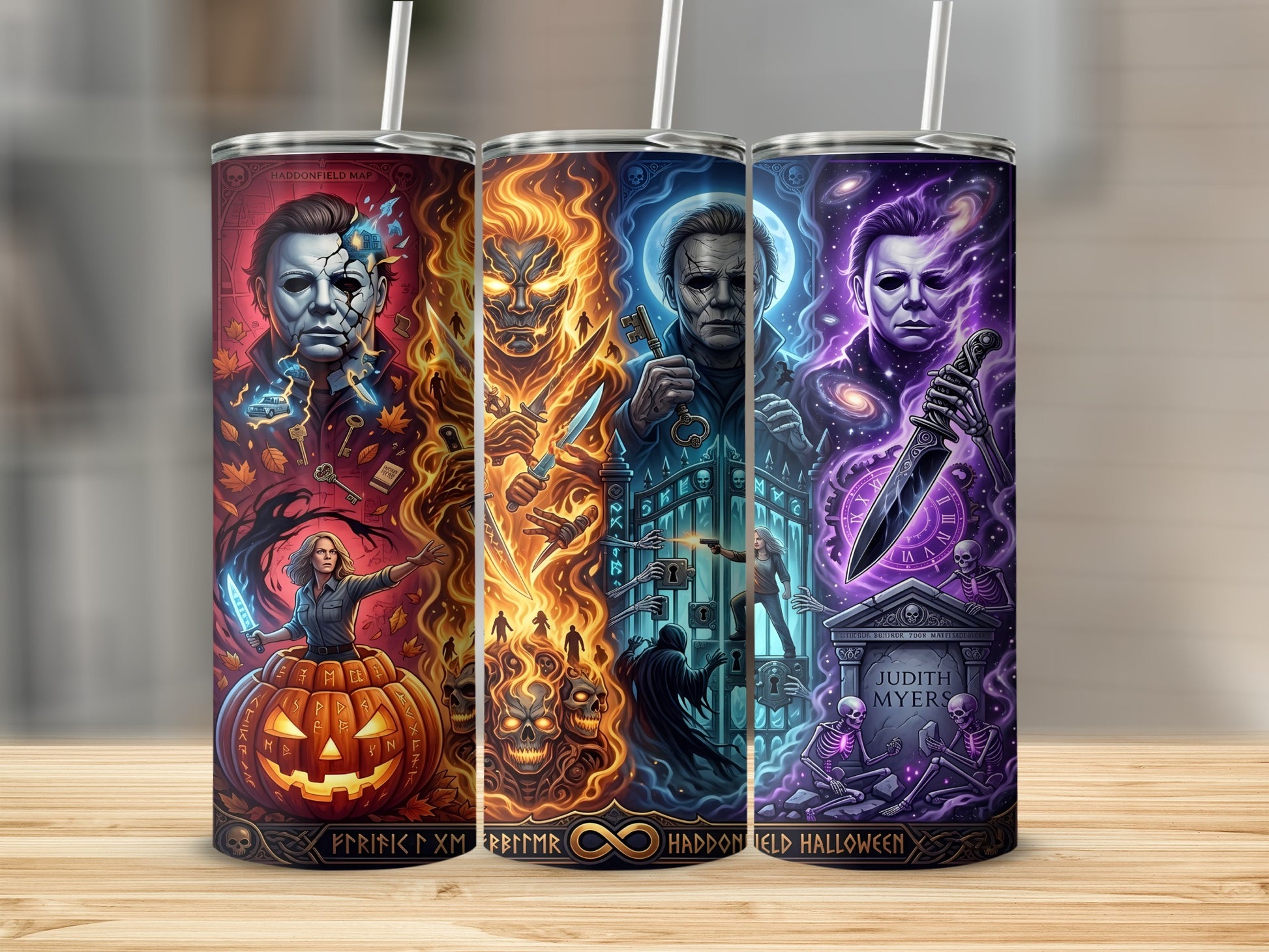 Three Halloween-themed tumblers featuring Michael Myers, Laurie Strode, and spooky imagery.
