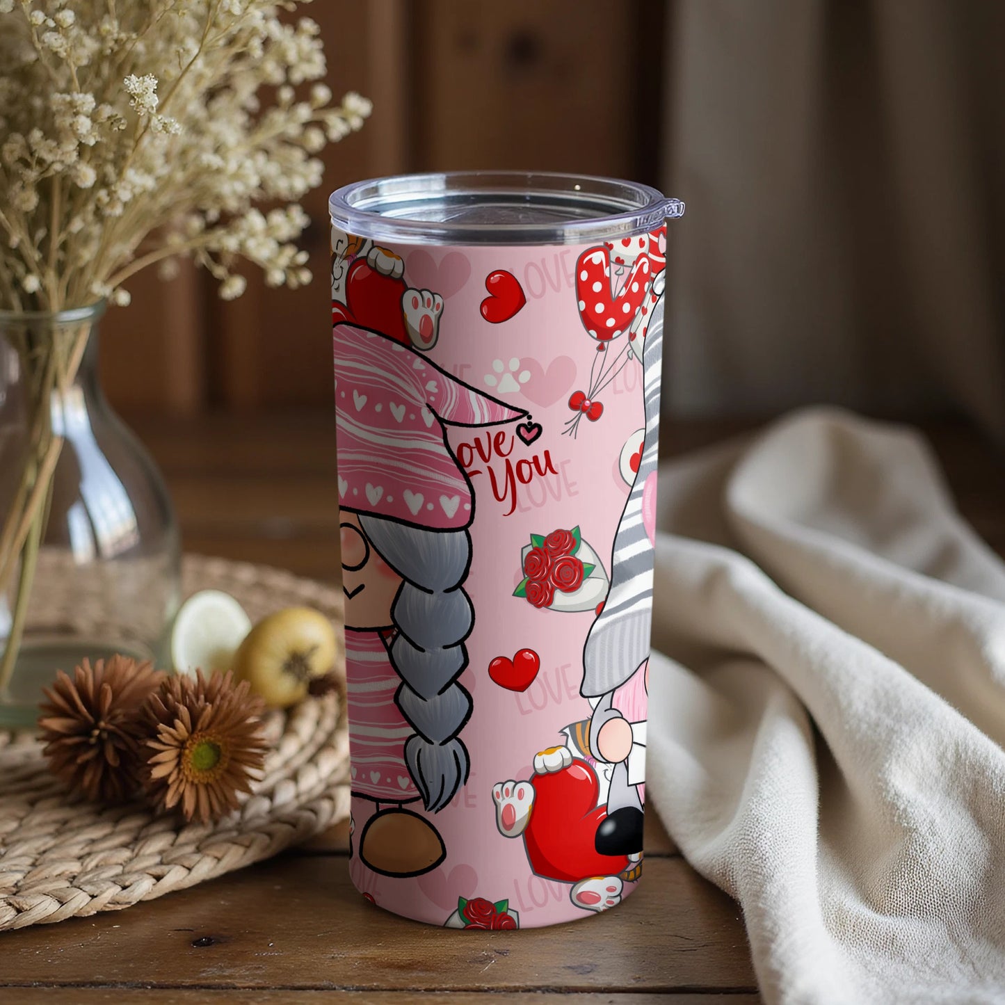 Romantic Gnome Love Hearts Tumbler Cup for Valentine's Day