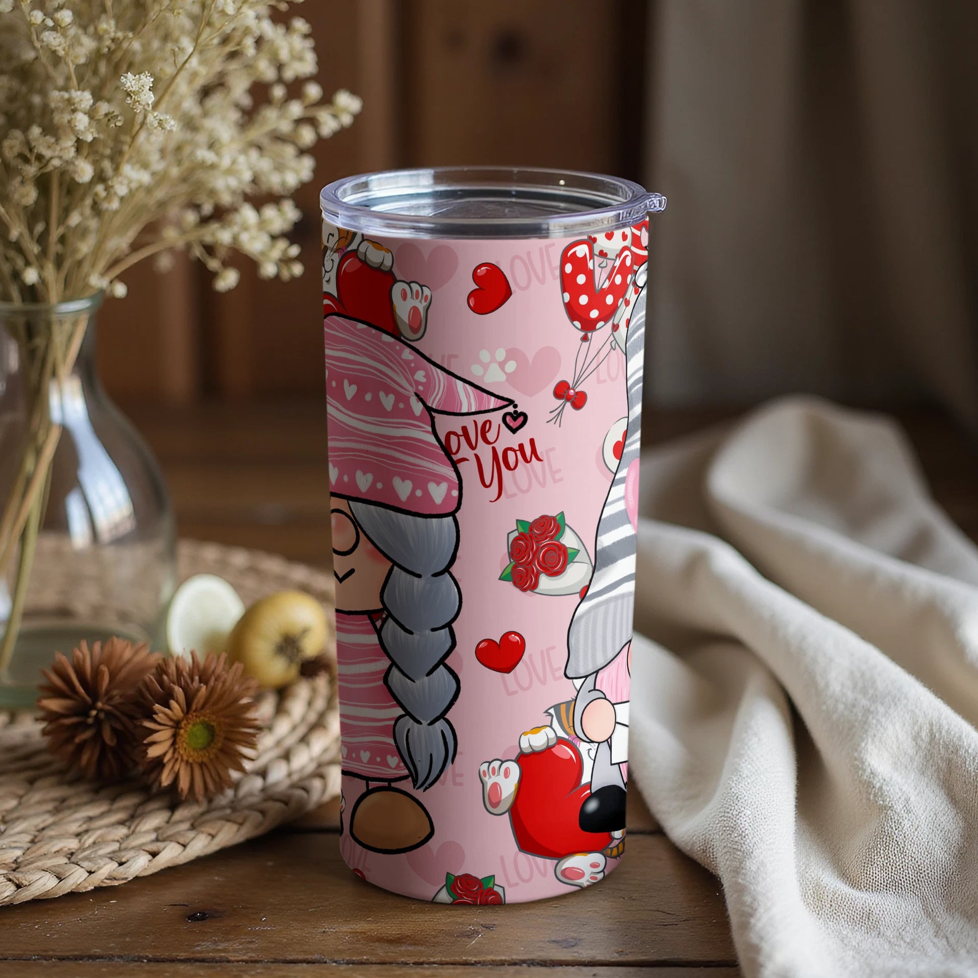 Romantic Gnome Love Hearts Tumbler Cup for Valentine's Day
