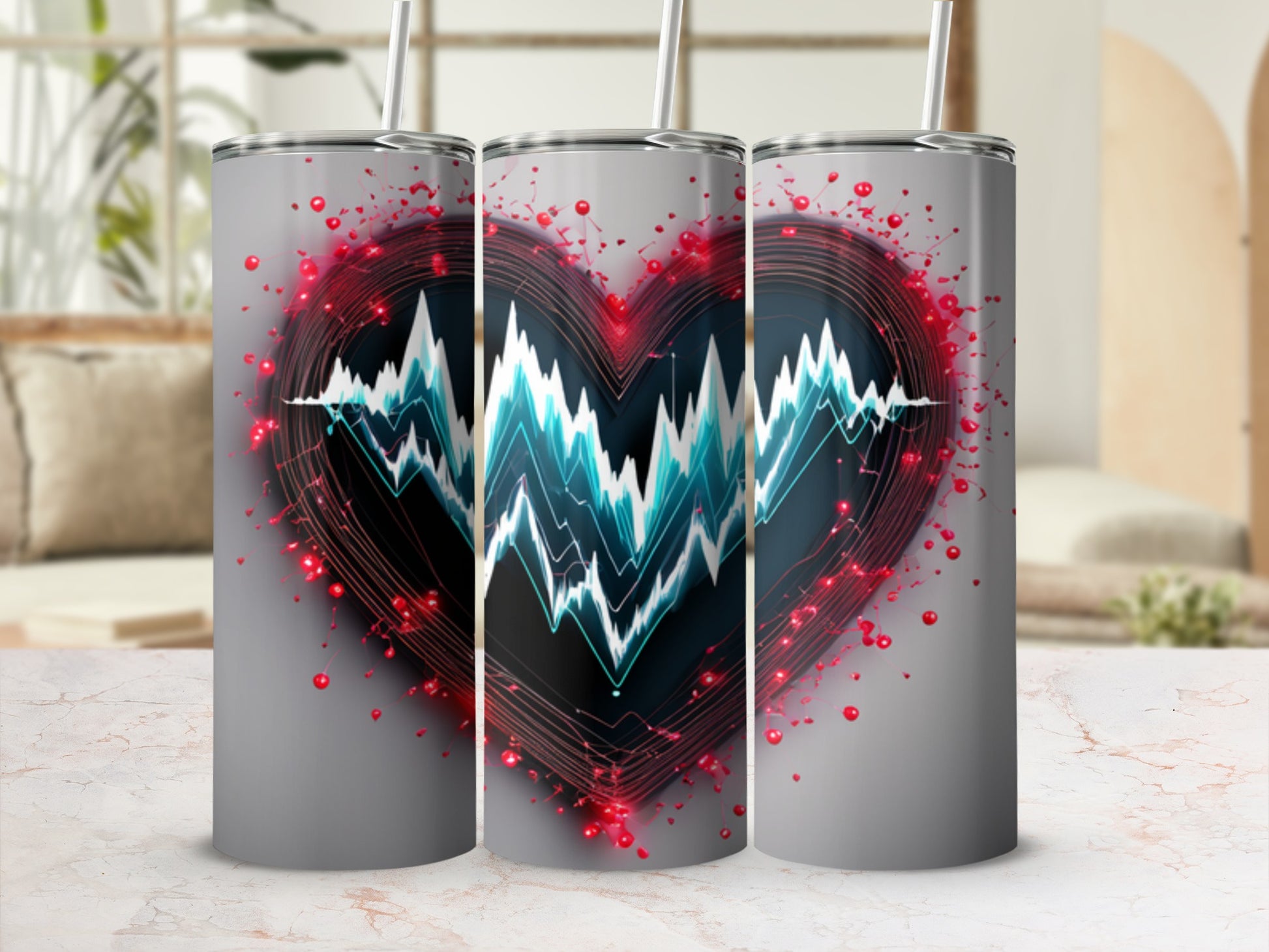 Three tumblers with a heart and EKG design.