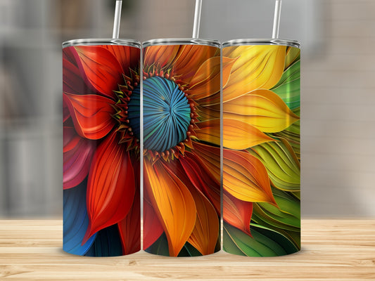 Three tumblers featuring vibrant, abstract floral designs in red, orange, and yellow.
