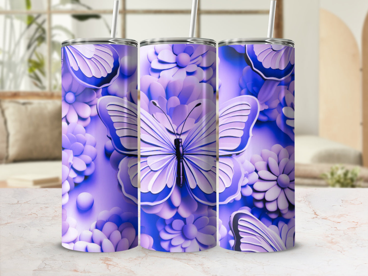 Purple butterfly and floral patterned tumbler with straw.