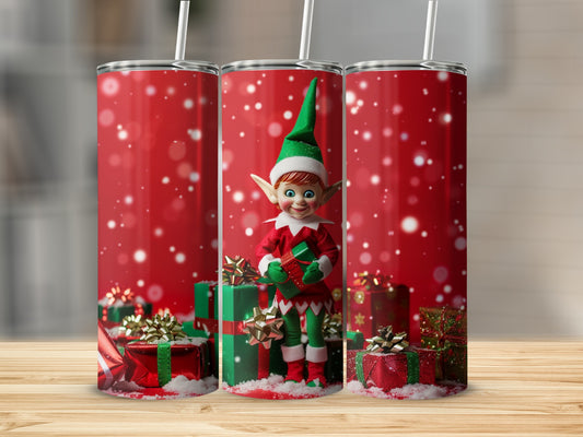 Festive Elf with Gifts on Red Background Tumbler