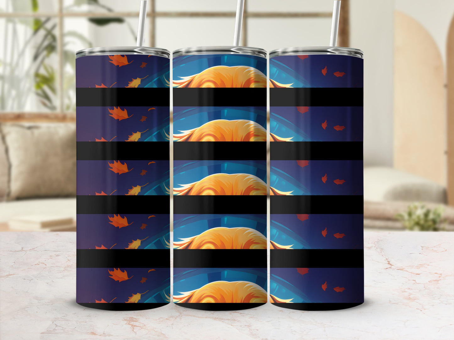 Three tumblers with a dark blue background and falling orange leaves.