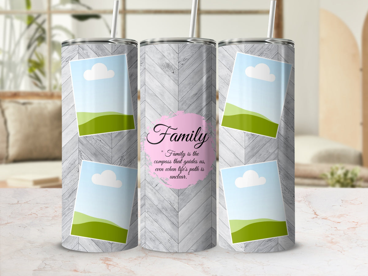 Tumbler with wood pattern, photos, and "Family" quote in pink.