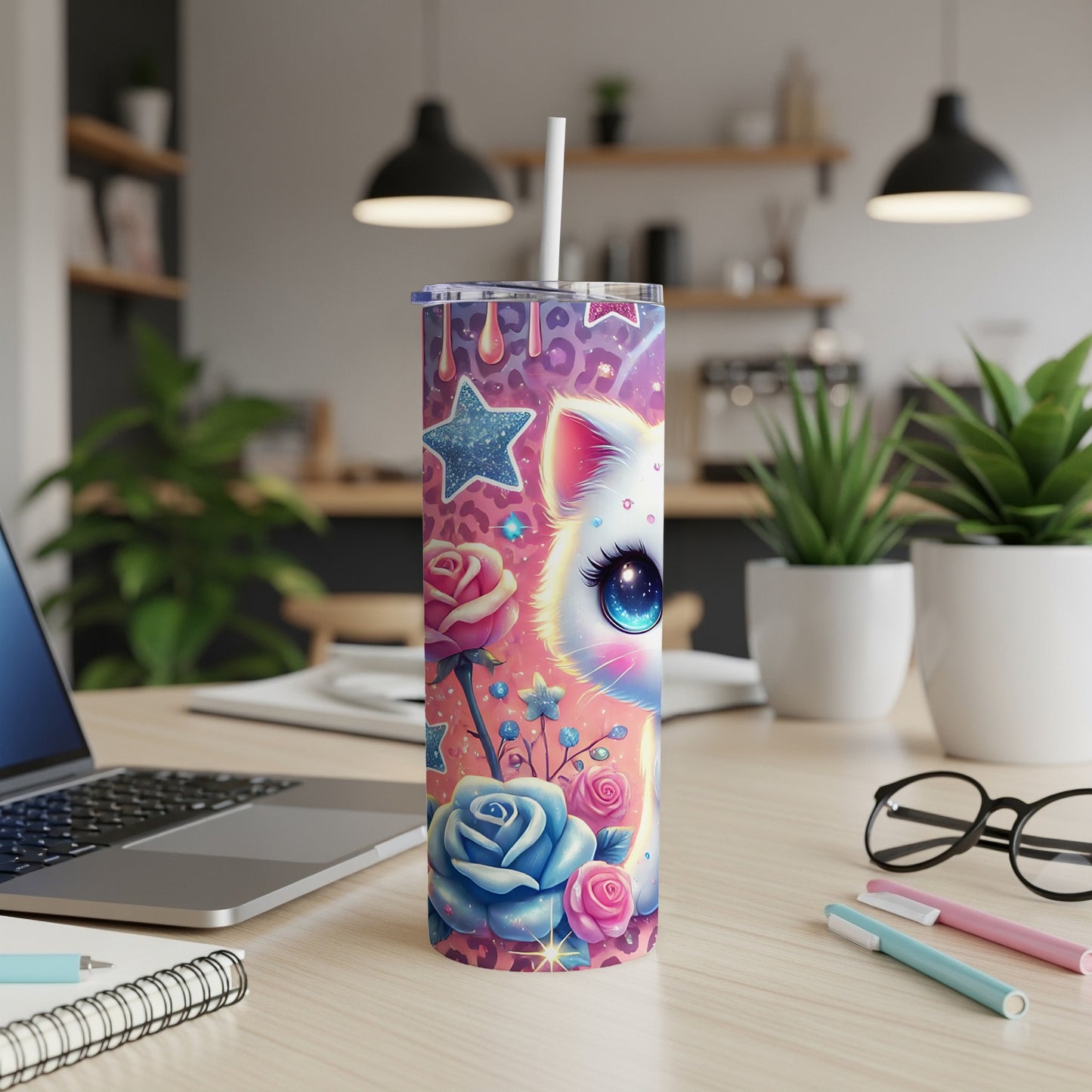 White cat with large blue eyes and pink roses on a sparkly tumbler.