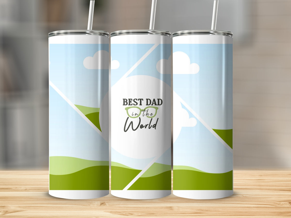 Three tumblers with "BEST DAD in the World" text and green glasses design.