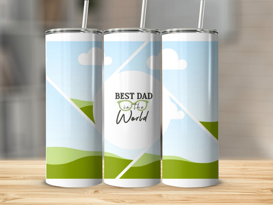Three tumblers with "BEST DAD in the World" text and green glasses design.