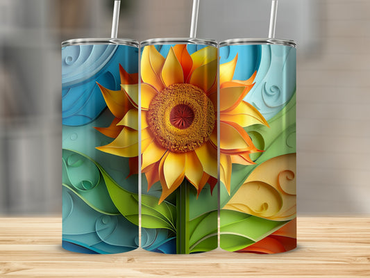 Three colorful tumblers with sunflower and abstract wave designs.