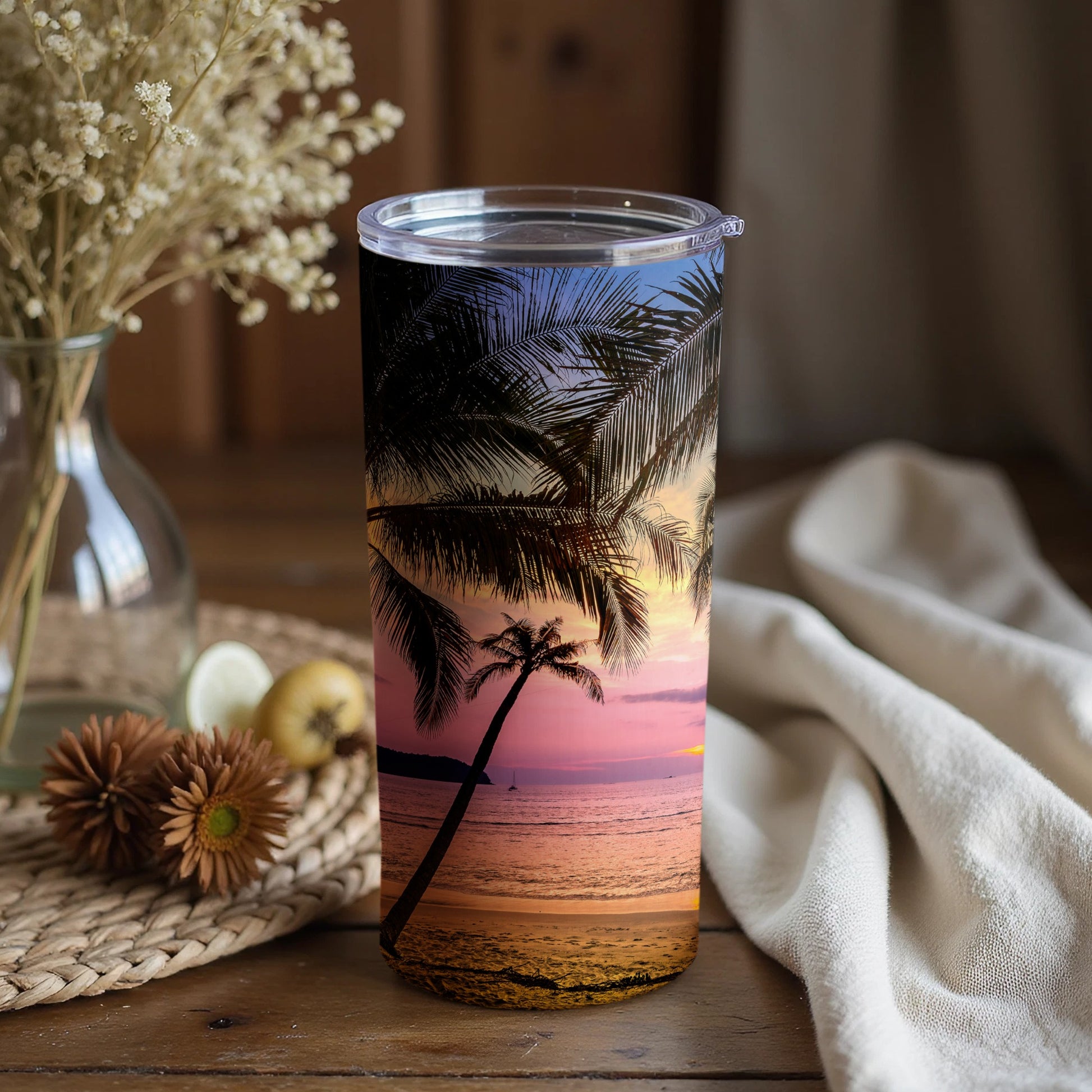 Scenic Sunset Beach with Palm Trees Travel Mug