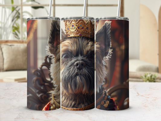 Yorkshire terrier wearing a crown and royal attire.
