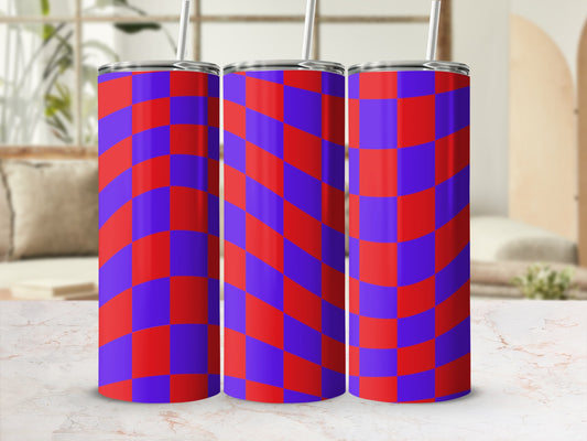 Three tumblers with a checkered blue and purple pattern.