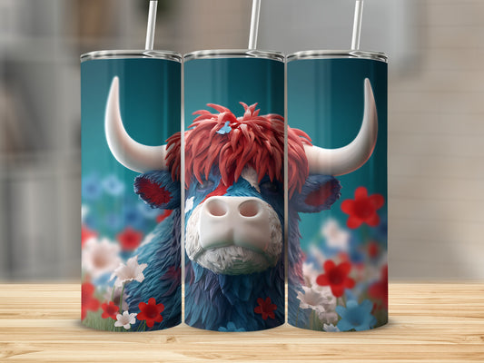 Highland cow tumbler with patriotic red, white, and blue floral design.