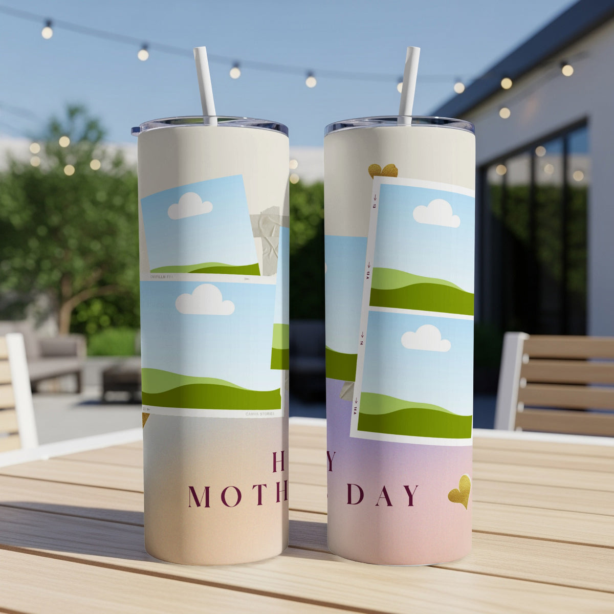 Two tumblers with "Happy Mother's Day" text and photo collage designs.