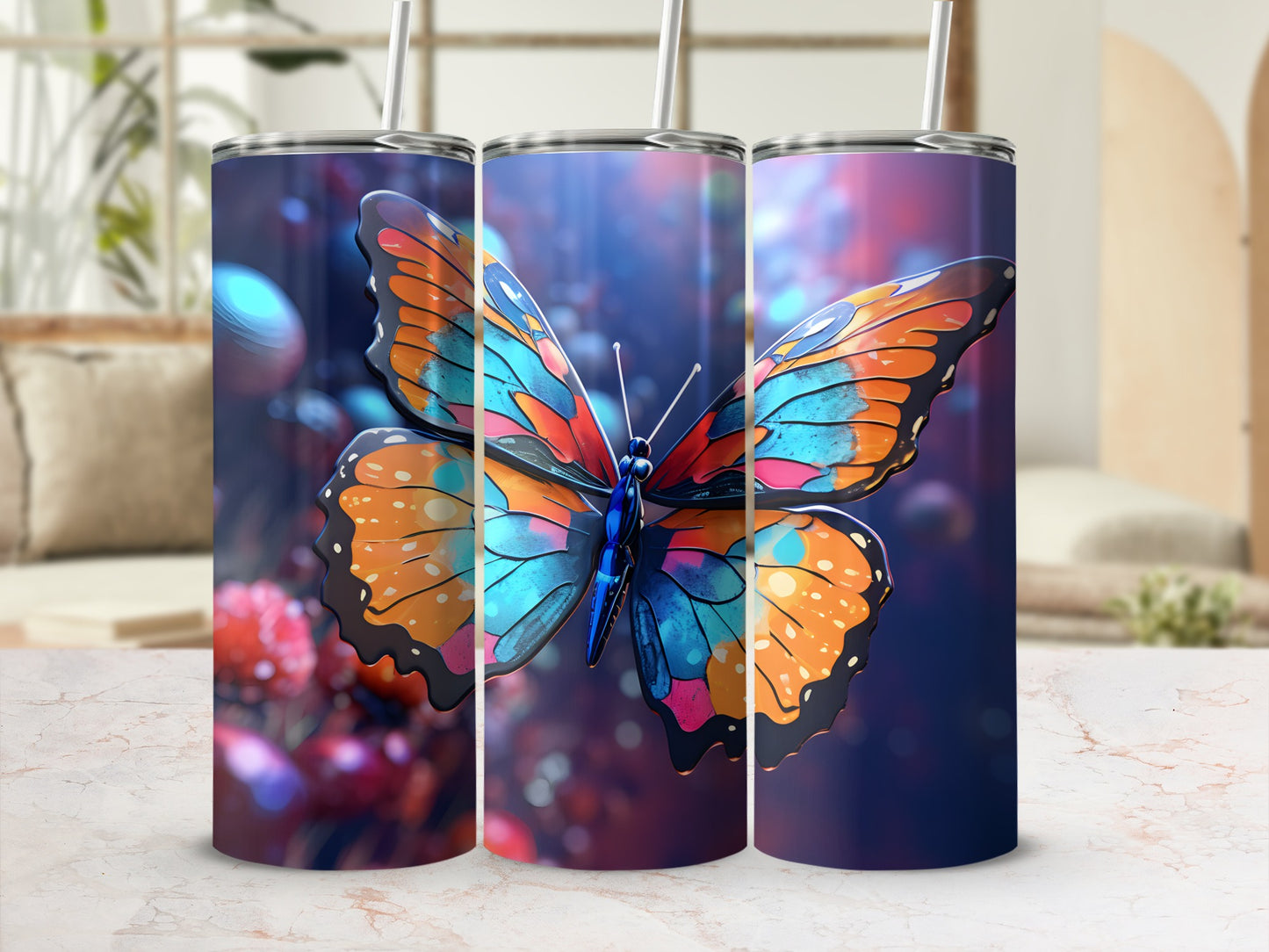 Three tumblers featuring a colorful butterfly design on a blurred background.