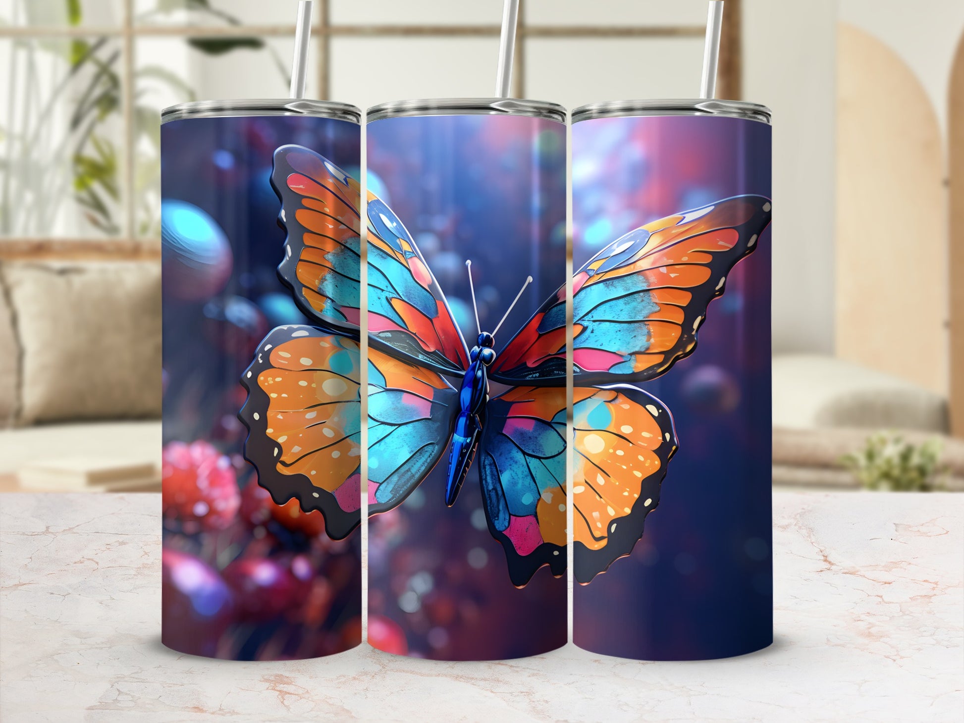 Three tumblers featuring a colorful butterfly design on a blurred background.