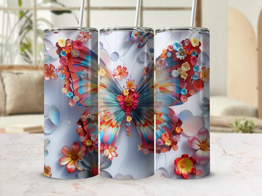 Triptych of tumblers featuring a colorful butterfly and floral design.