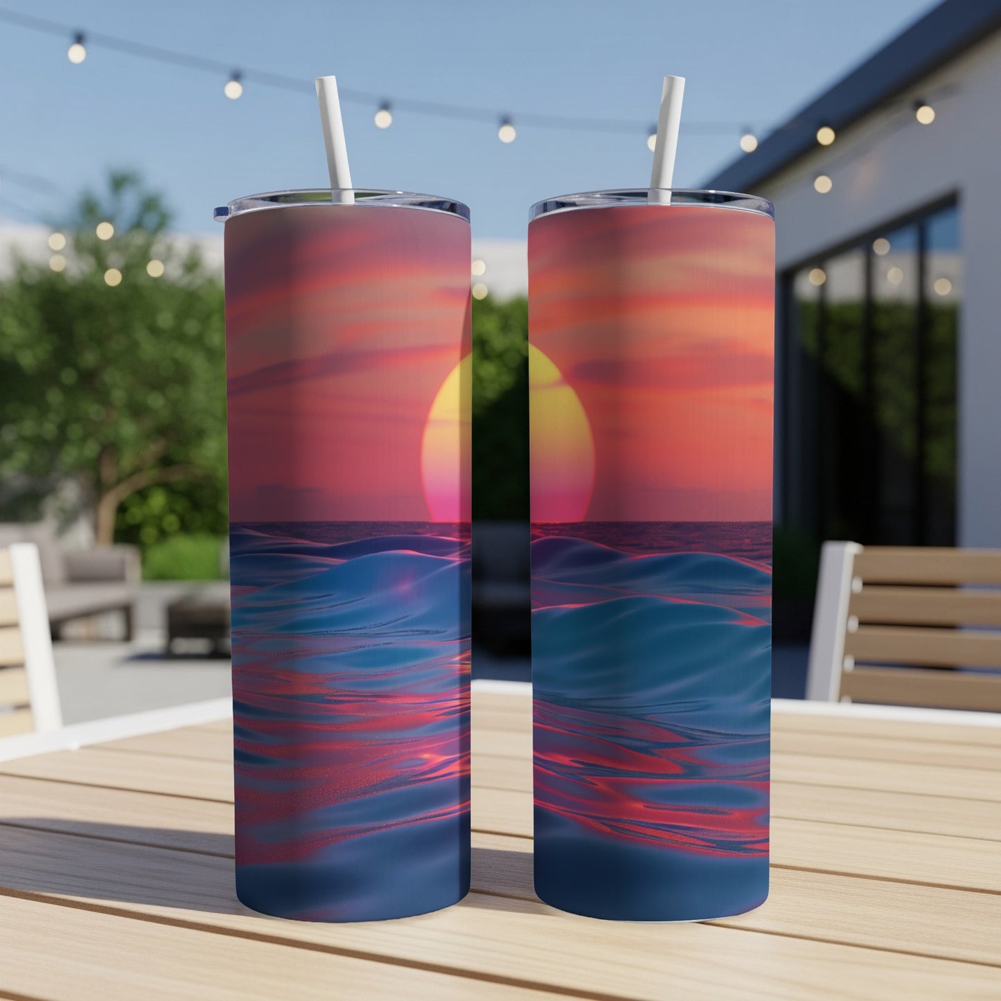 Two tumblers with a sunset over ocean waves design.
