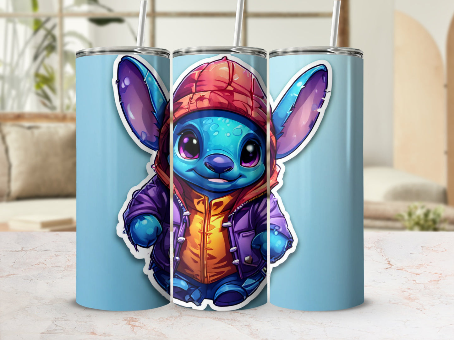 Blue alien character wearing a red beanie and purple jacket.