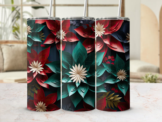 Three tumblers with a floral design in red, teal, and gold.