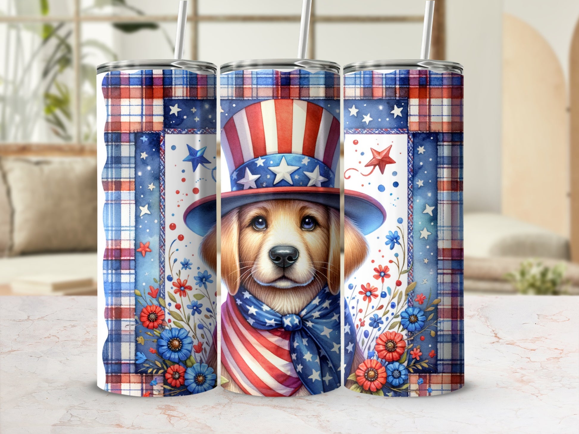 Golden retriever in patriotic hat and bandana surrounded by flowers.