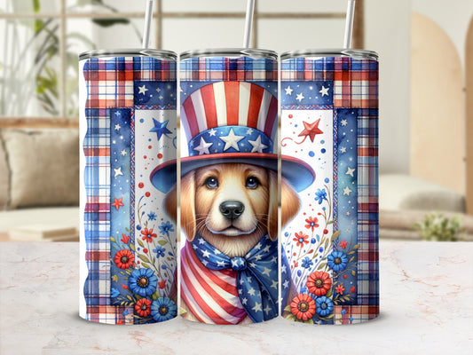 Golden retriever in patriotic hat and bandana surrounded by flowers.