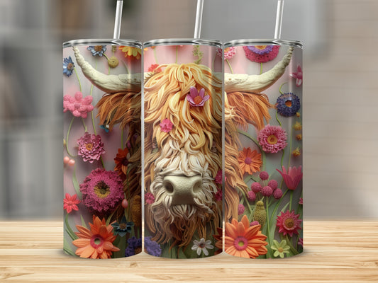 Highland cow with flowers on a pink background.