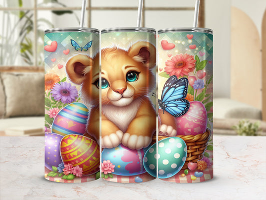 Lion cub with Easter eggs and butterflies on a checkered background.