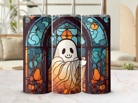 Three tumblers featuring a stained-glass ghost design with floral accents.