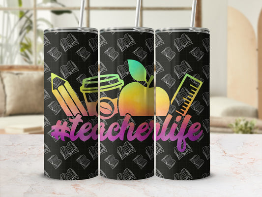Tumbler with books, pencil, coffee, apple, ruler, and "teacherlife" text.