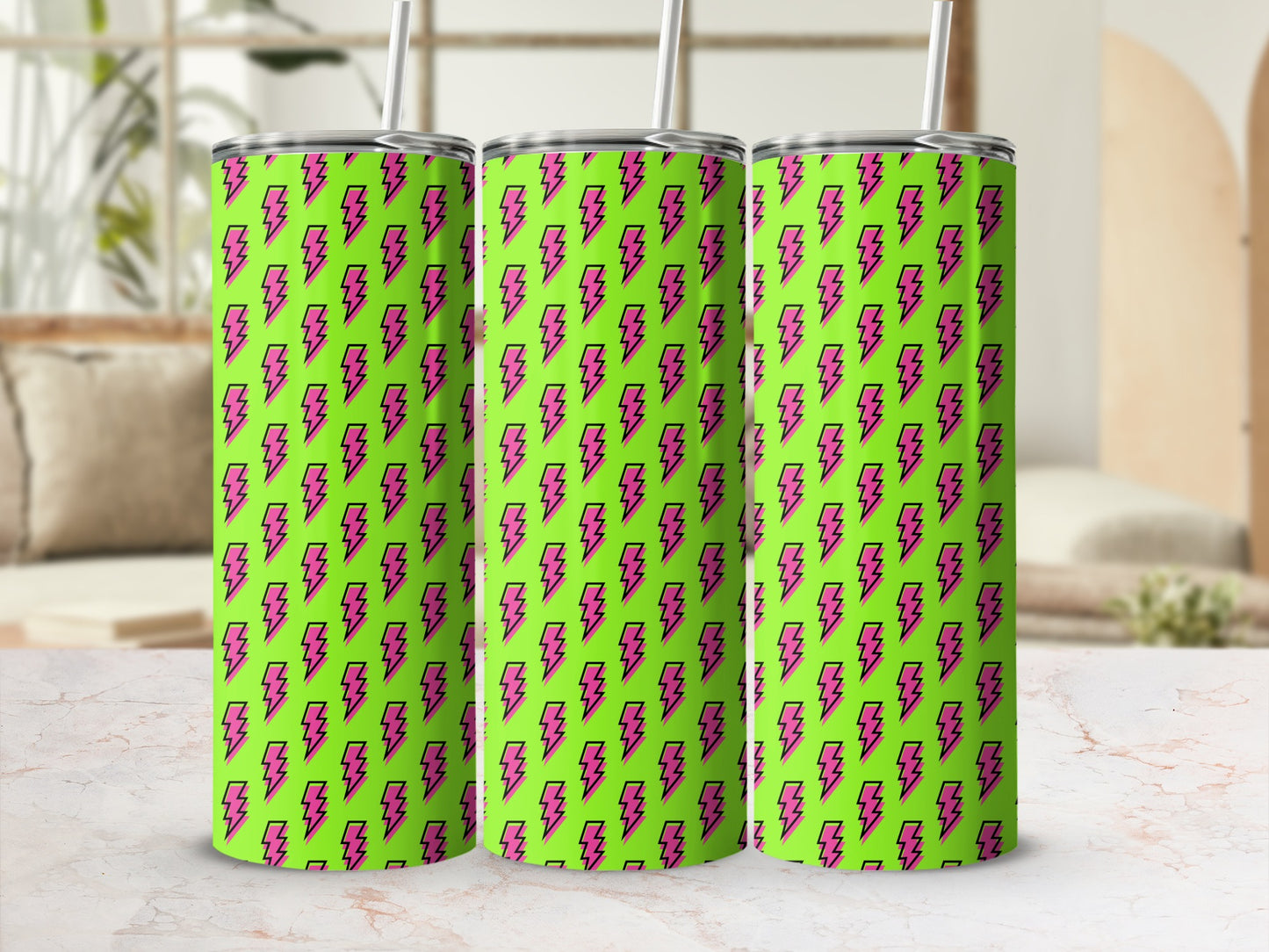 Three tumblers with a repeating pattern of pink lightning bolts on a neon green background.
