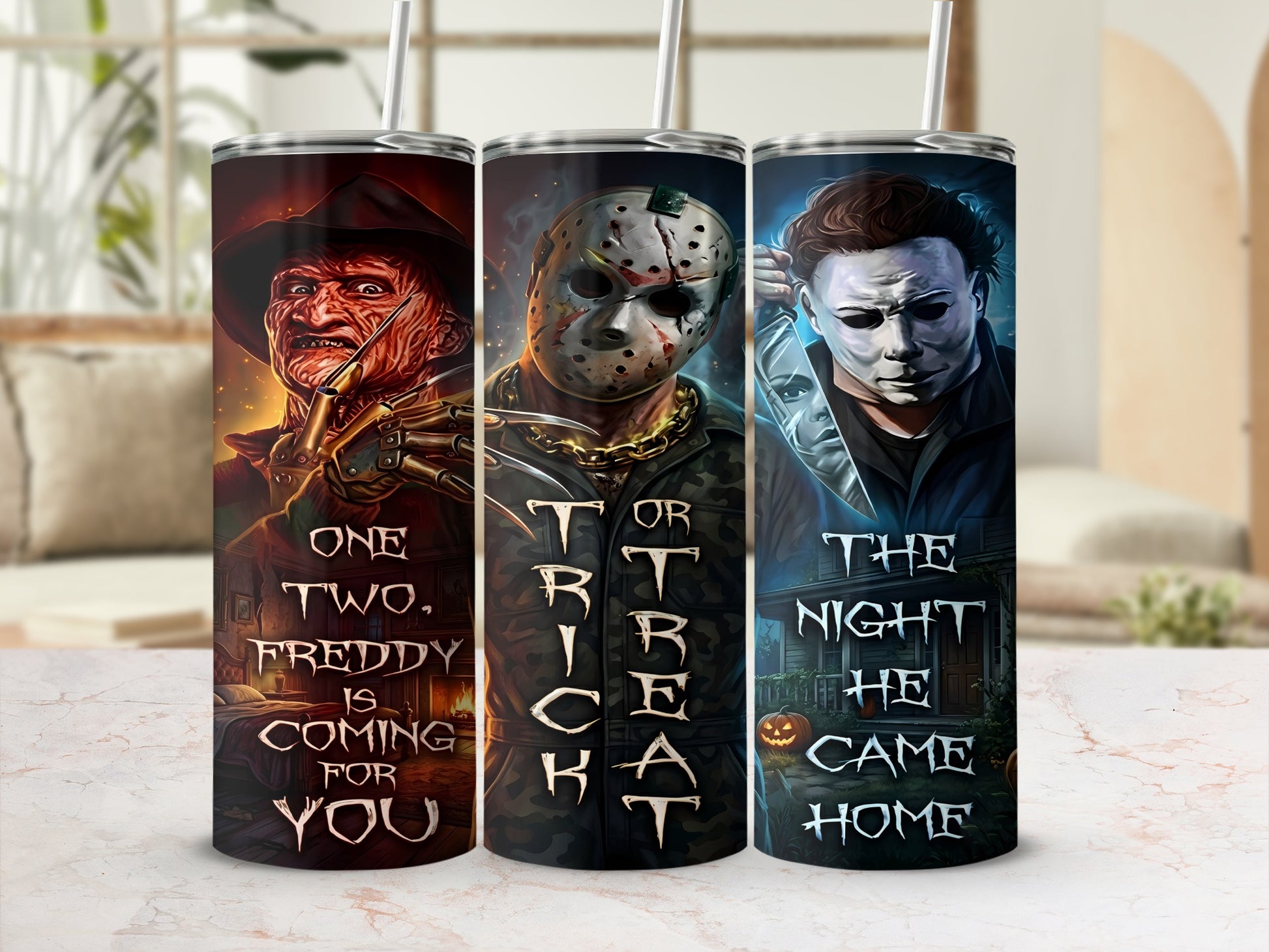 Tumblers featuring Freddy, Jason, and Michael Myers with Halloween-themed text.