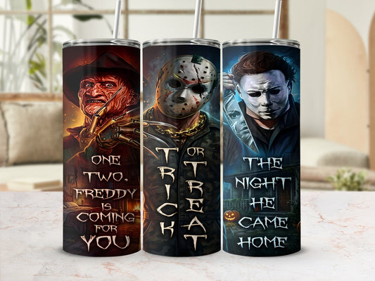 Tumblers featuring Freddy, Jason, and Michael Myers with Halloween-themed text.
