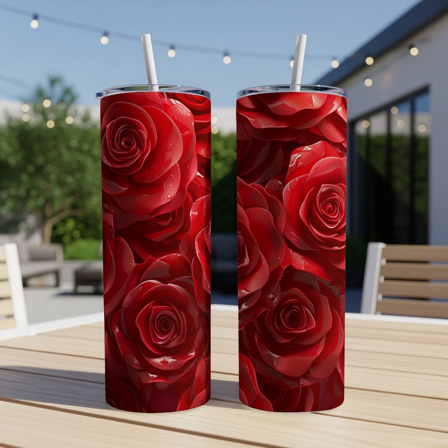 Two tall tumblers with a close-up red rose floral pattern.