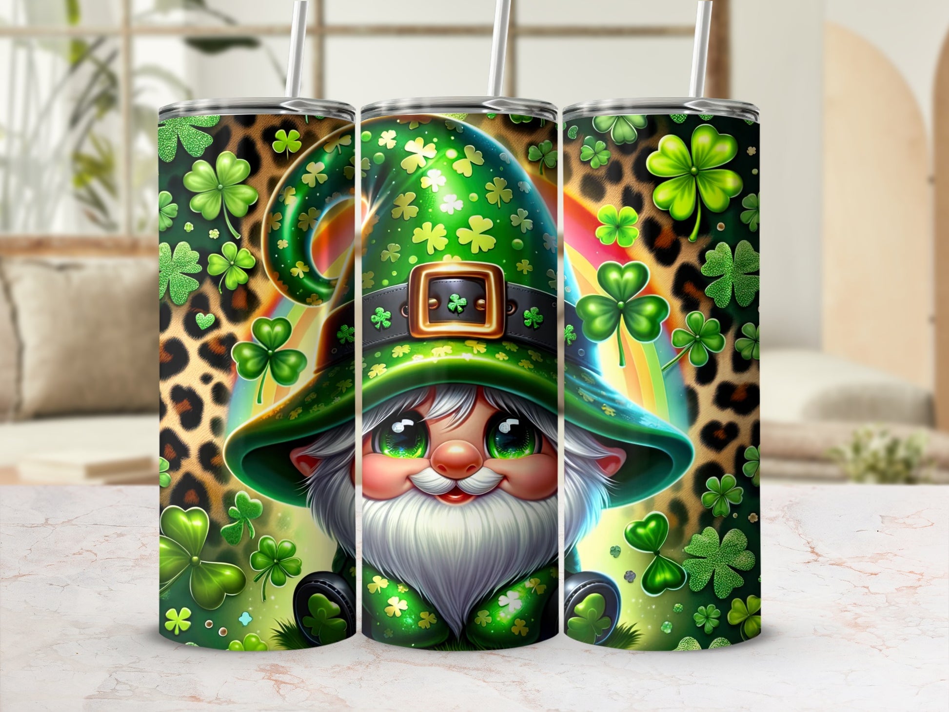 Leprechaun with rainbow and shamrocks on a tumbler.