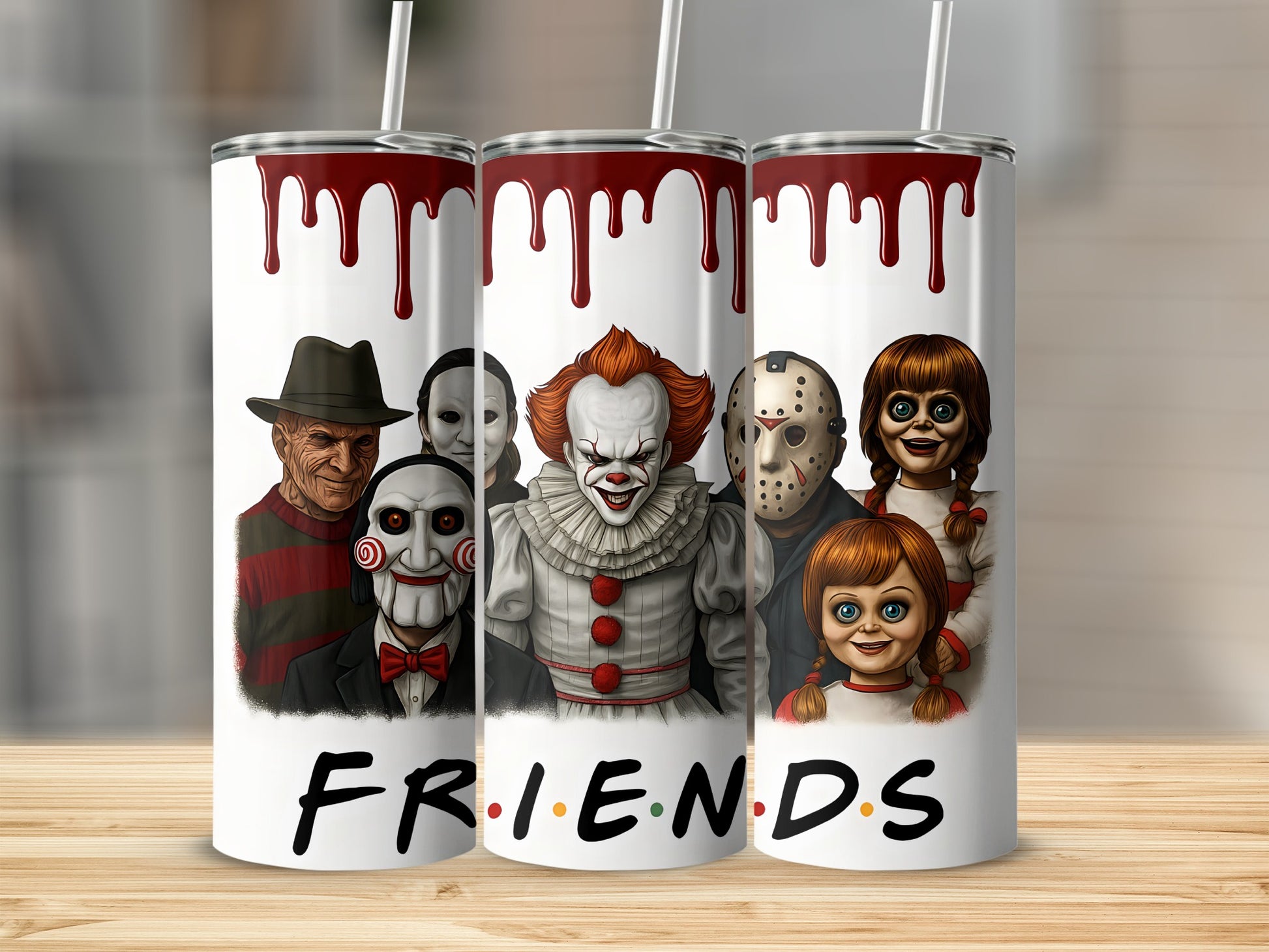 Three tumblers featuring horror characters and "Friends" logo with dripping blood.