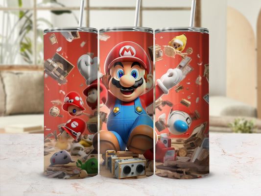 Mario Red Background Tumbler with Various Items